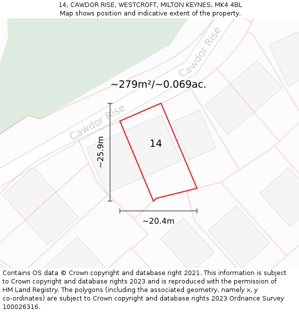 14, CAWDOR RISE, WESTCROFT, MILTON KEYNES, MK4 4BL: Plot and title map