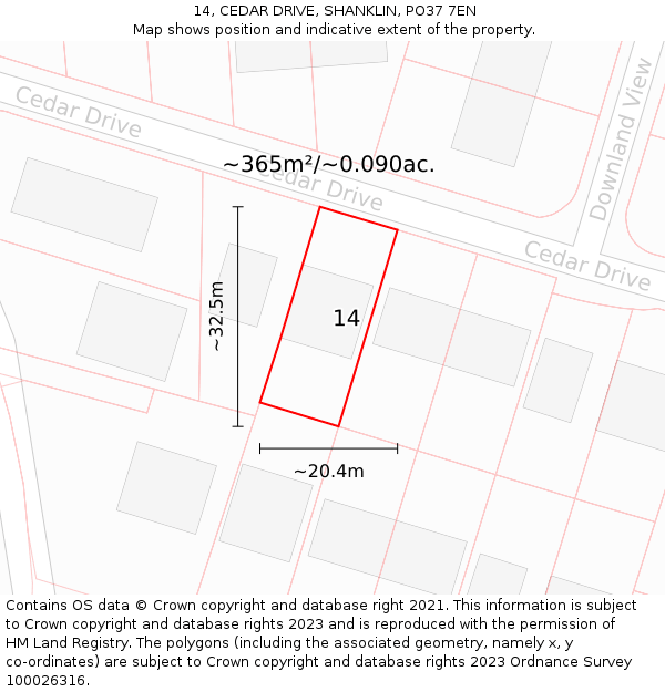 14, CEDAR DRIVE, SHANKLIN, PO37 7EN: Plot and title map