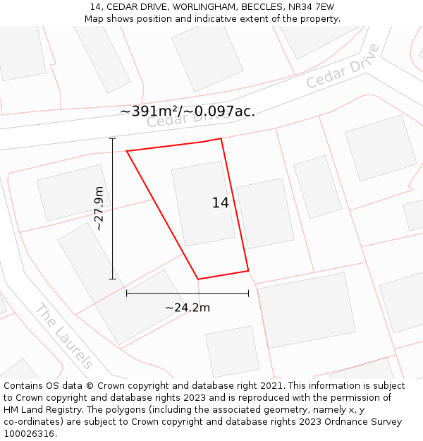 14, CEDAR DRIVE, WORLINGHAM, BECCLES, NR34 7EW: Plot and title map