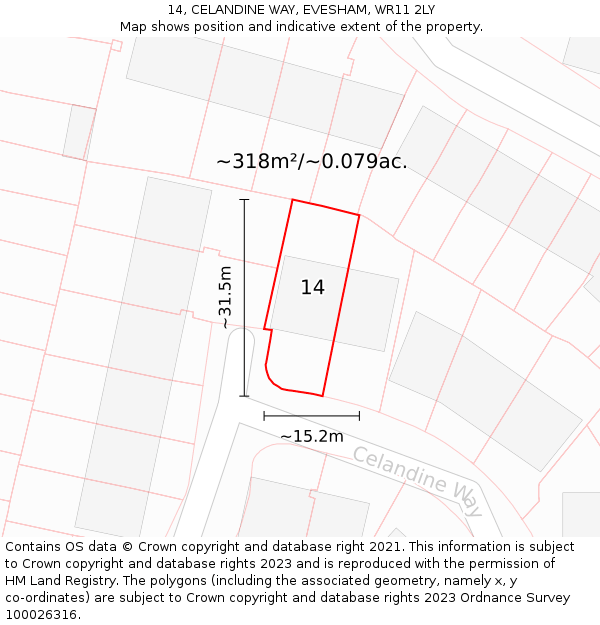 14, CELANDINE WAY, EVESHAM, WR11 2LY: Plot and title map