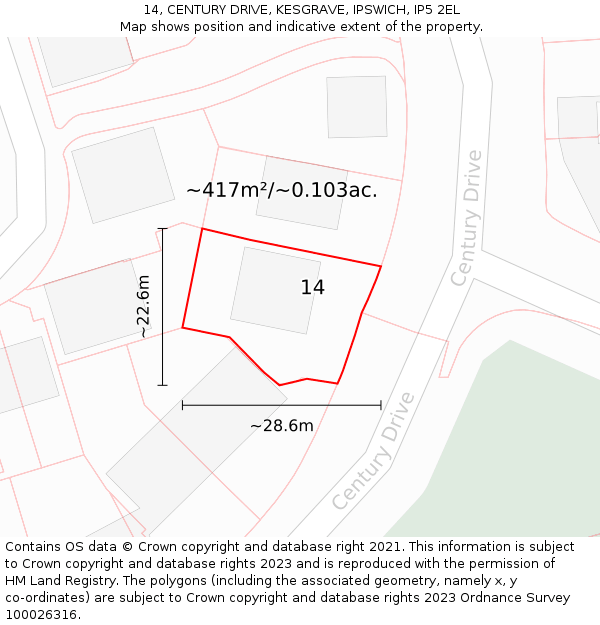 14, CENTURY DRIVE, KESGRAVE, IPSWICH, IP5 2EL: Plot and title map