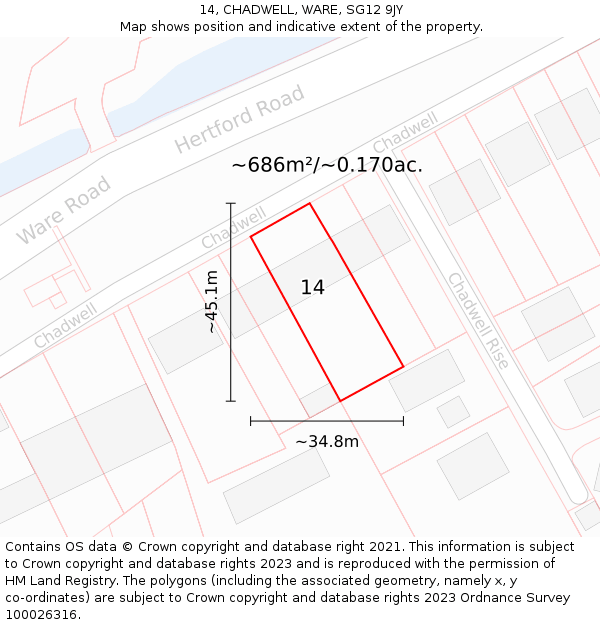 14, CHADWELL, WARE, SG12 9JY: Plot and title map