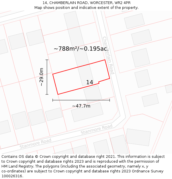 14, CHAMBERLAIN ROAD, WORCESTER, WR2 4PR: Plot and title map