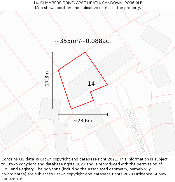 14, CHAMBERS DRIVE, APSE HEATH, SANDOWN, PO36 0LR: Plot and title map