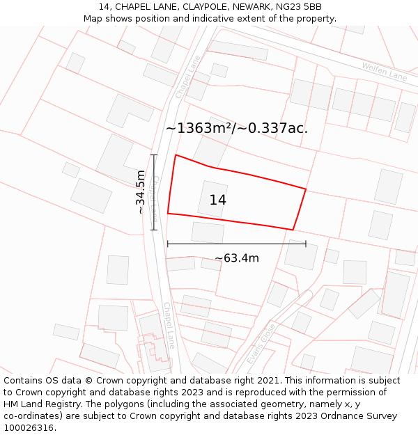 14, CHAPEL LANE, CLAYPOLE, NEWARK, NG23 5BB: Plot and title map