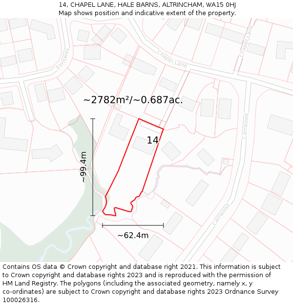 14, CHAPEL LANE, HALE BARNS, ALTRINCHAM, WA15 0HJ: Plot and title map