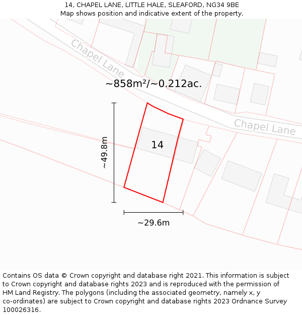 14, CHAPEL LANE, LITTLE HALE, SLEAFORD, NG34 9BE: Plot and title map