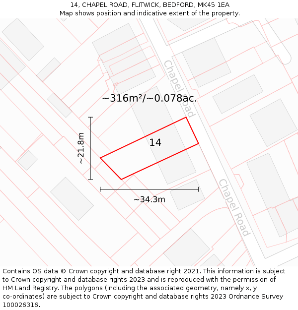 14, CHAPEL ROAD, FLITWICK, BEDFORD, MK45 1EA: Plot and title map