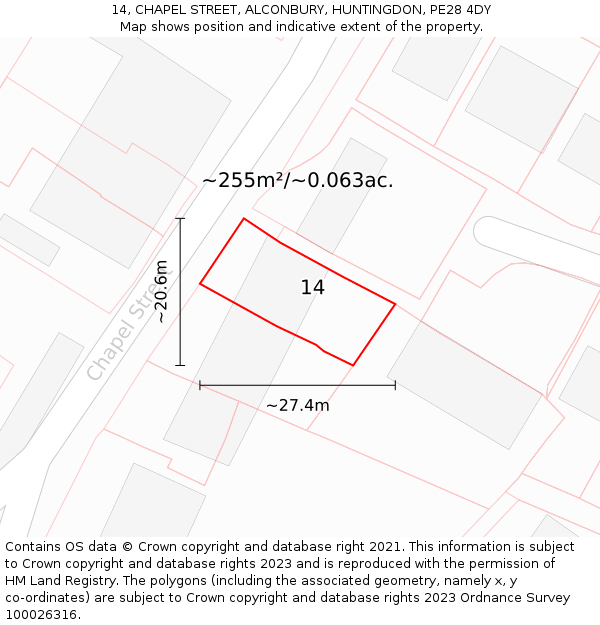 14, CHAPEL STREET, ALCONBURY, HUNTINGDON, PE28 4DY: Plot and title map