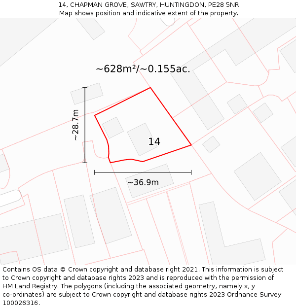 14, CHAPMAN GROVE, SAWTRY, HUNTINGDON, PE28 5NR: Plot and title map