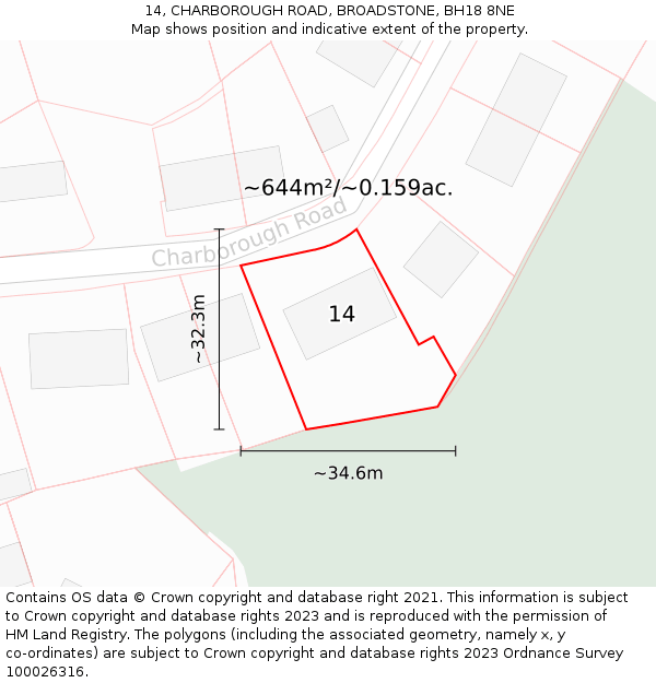 14, CHARBOROUGH ROAD, BROADSTONE, BH18 8NE: Plot and title map