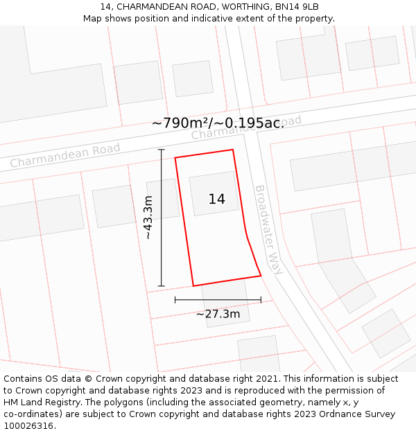 14, CHARMANDEAN ROAD, WORTHING, BN14 9LB: Plot and title map