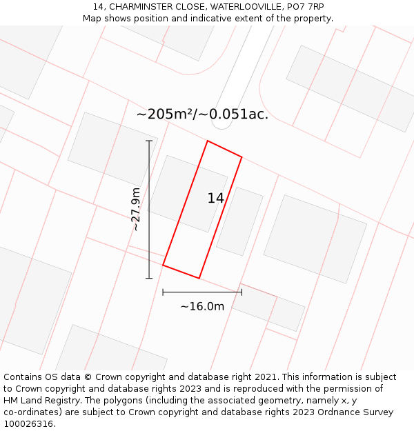 14, CHARMINSTER CLOSE, WATERLOOVILLE, PO7 7RP: Plot and title map
