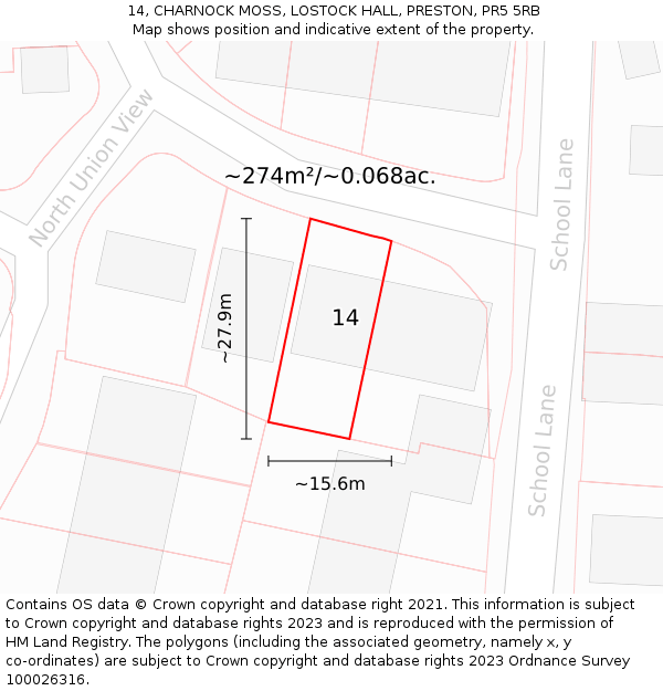 14, CHARNOCK MOSS, LOSTOCK HALL, PRESTON, PR5 5RB: Plot and title map