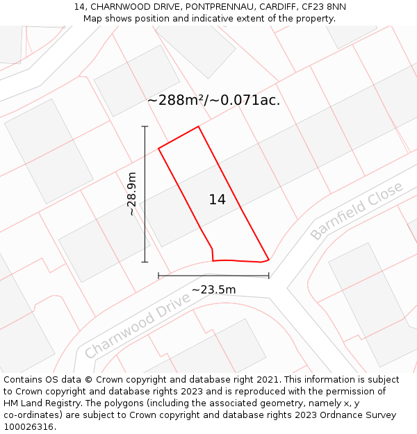 14, CHARNWOOD DRIVE, PONTPRENNAU, CARDIFF, CF23 8NN: Plot and title map