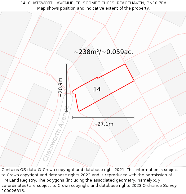 14, CHATSWORTH AVENUE, TELSCOMBE CLIFFS, PEACEHAVEN, BN10 7EA: Plot and title map