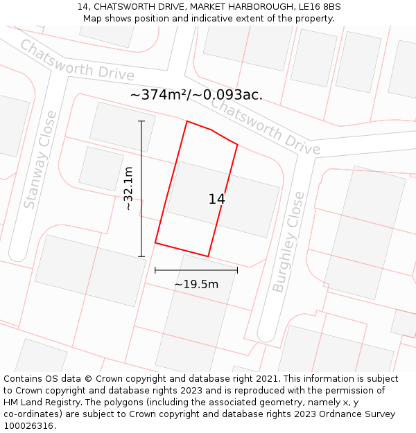 14, CHATSWORTH DRIVE, MARKET HARBOROUGH, LE16 8BS: Plot and title map