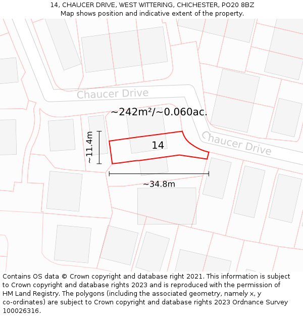 14, CHAUCER DRIVE, WEST WITTERING, CHICHESTER, PO20 8BZ: Plot and title map