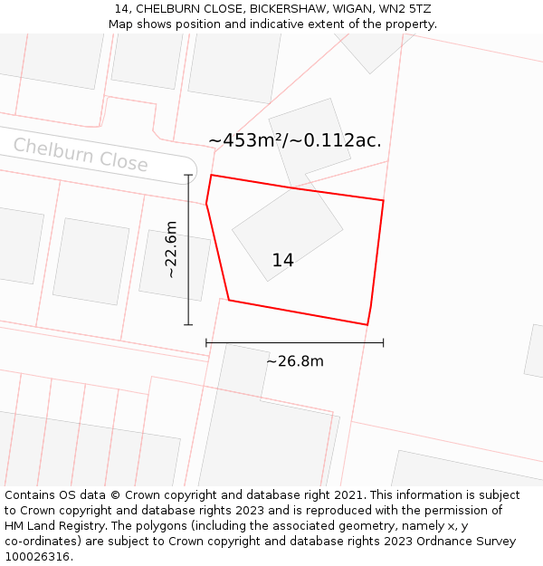 14, CHELBURN CLOSE, BICKERSHAW, WIGAN, WN2 5TZ: Plot and title map