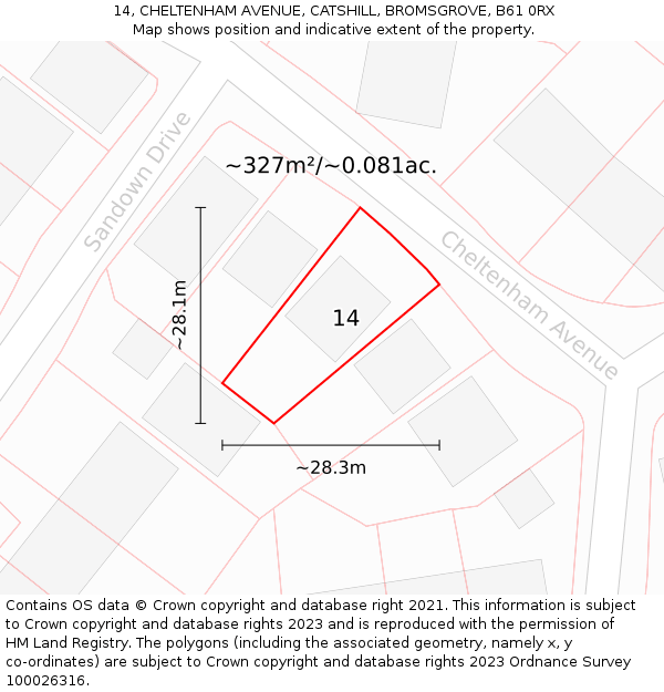 14, CHELTENHAM AVENUE, CATSHILL, BROMSGROVE, B61 0RX: Plot and title map