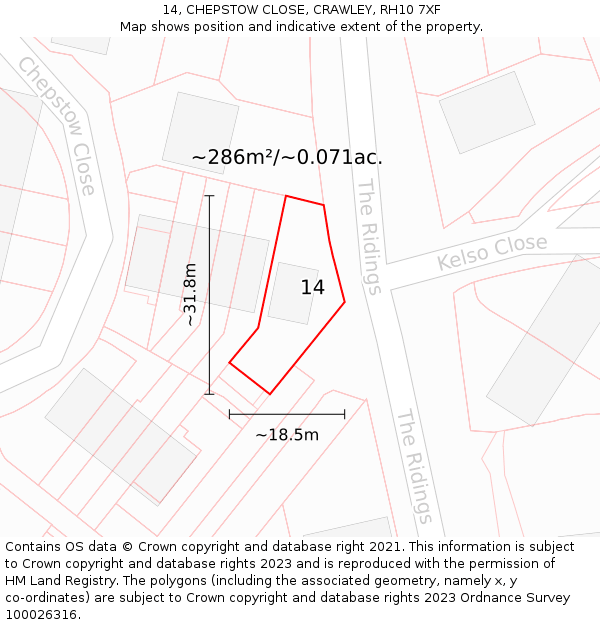 14, CHEPSTOW CLOSE, CRAWLEY, RH10 7XF: Plot and title map