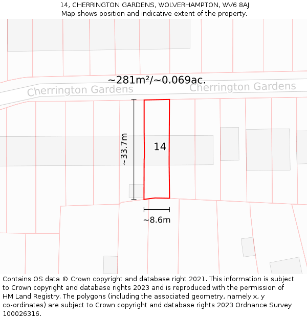 14, CHERRINGTON GARDENS, WOLVERHAMPTON, WV6 8AJ: Plot and title map