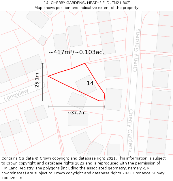 14, CHERRY GARDENS, HEATHFIELD, TN21 8XZ: Plot and title map