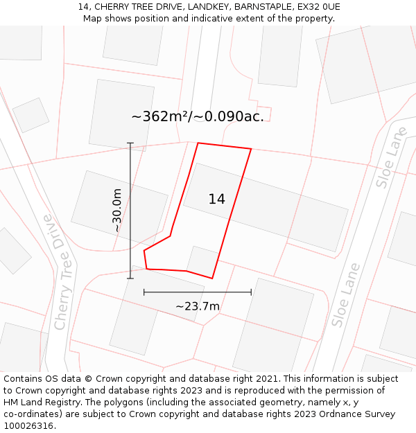 14, CHERRY TREE DRIVE, LANDKEY, BARNSTAPLE, EX32 0UE: Plot and title map