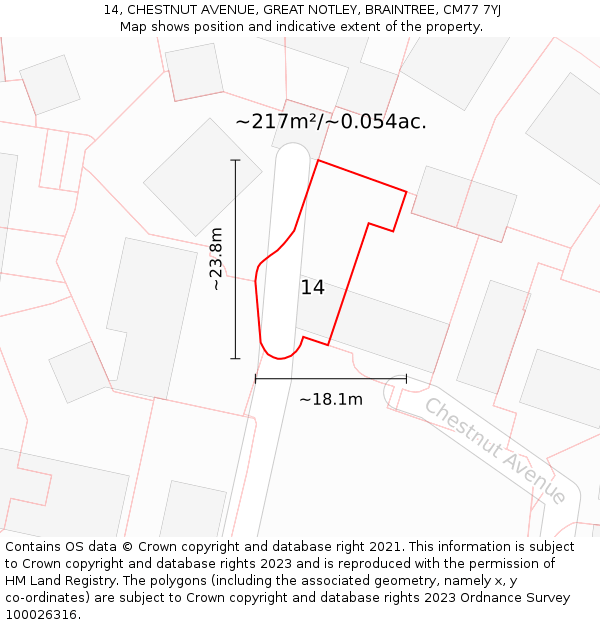 14, CHESTNUT AVENUE, GREAT NOTLEY, BRAINTREE, CM77 7YJ: Plot and title map