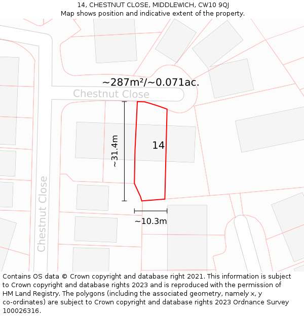 14, CHESTNUT CLOSE, MIDDLEWICH, CW10 9QJ: Plot and title map