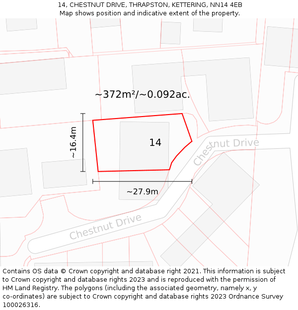 14, CHESTNUT DRIVE, THRAPSTON, KETTERING, NN14 4EB: Plot and title map