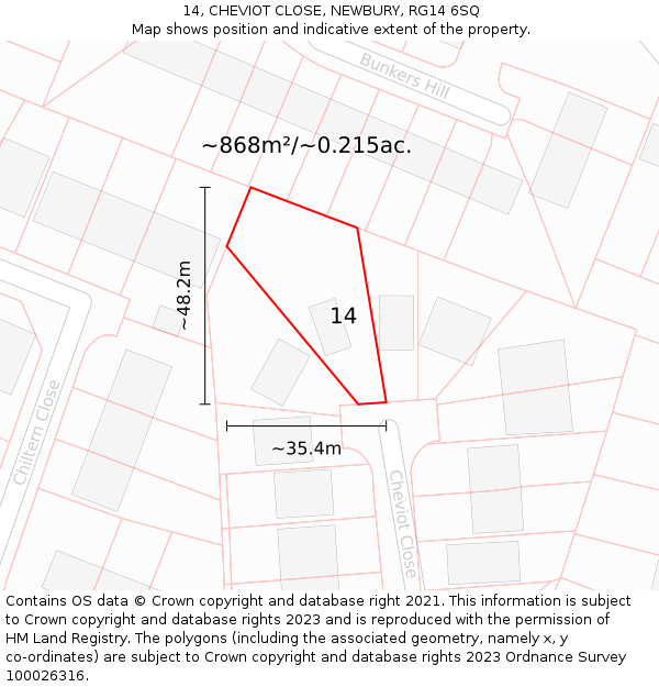 14, CHEVIOT CLOSE, NEWBURY, RG14 6SQ: Plot and title map