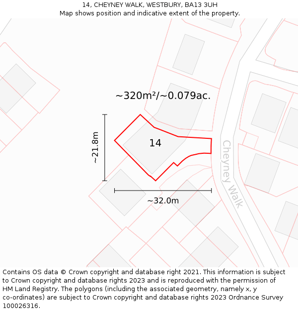 14, CHEYNEY WALK, WESTBURY, BA13 3UH: Plot and title map