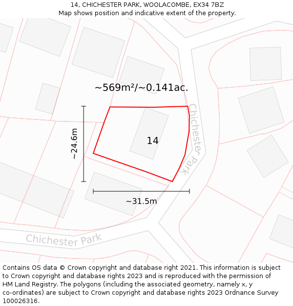 14, CHICHESTER PARK, WOOLACOMBE, EX34 7BZ: Plot and title map