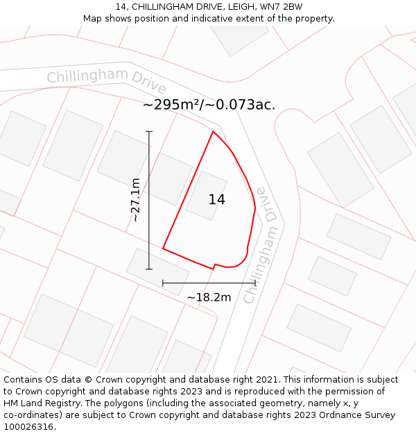 14, CHILLINGHAM DRIVE, LEIGH, WN7 2BW: Plot and title map