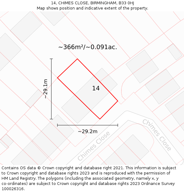 14, CHIMES CLOSE, BIRMINGHAM, B33 0HJ: Plot and title map