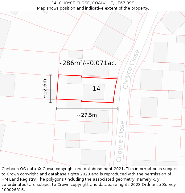14, CHOYCE CLOSE, COALVILLE, LE67 3SS: Plot and title map