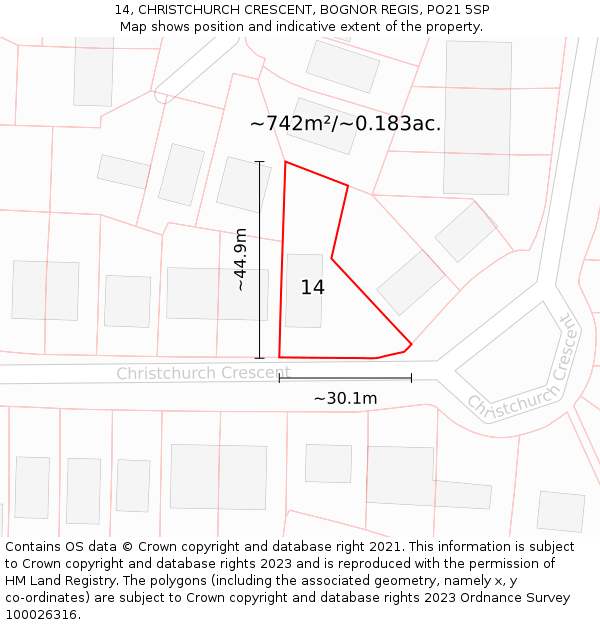 14, CHRISTCHURCH CRESCENT, BOGNOR REGIS, PO21 5SP: Plot and title map