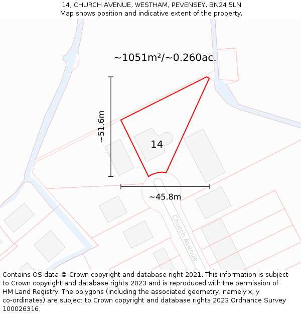 14, CHURCH AVENUE, WESTHAM, PEVENSEY, BN24 5LN: Plot and title map