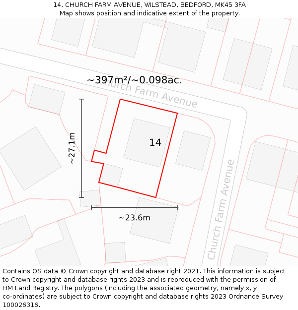 14, CHURCH FARM AVENUE, WILSTEAD, BEDFORD, MK45 3FA: Plot and title map