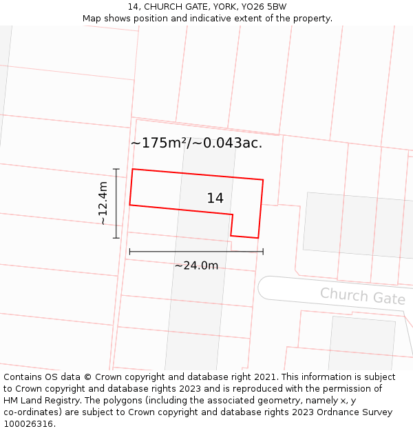 14, CHURCH GATE, YORK, YO26 5BW: Plot and title map