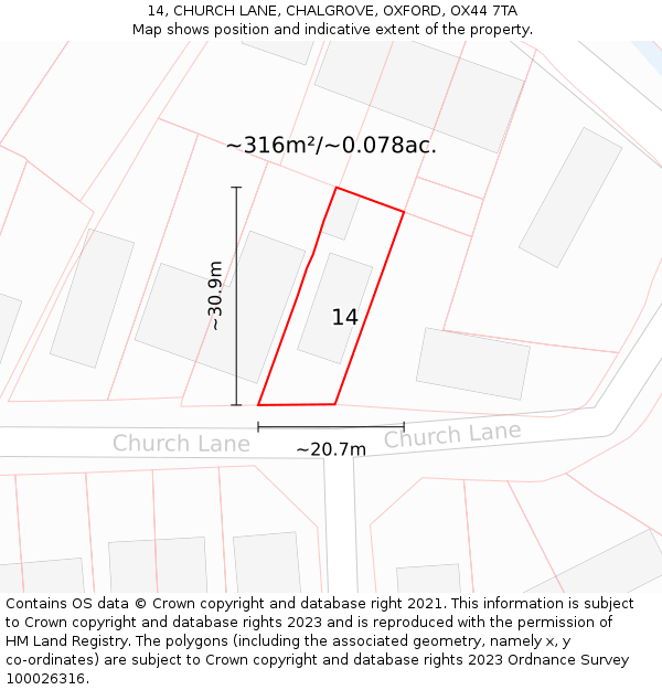 14, CHURCH LANE, CHALGROVE, OXFORD, OX44 7TA: Plot and title map