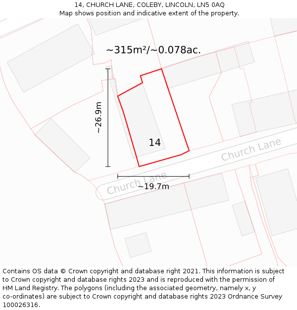 14, CHURCH LANE, COLEBY, LINCOLN, LN5 0AQ: Plot and title map