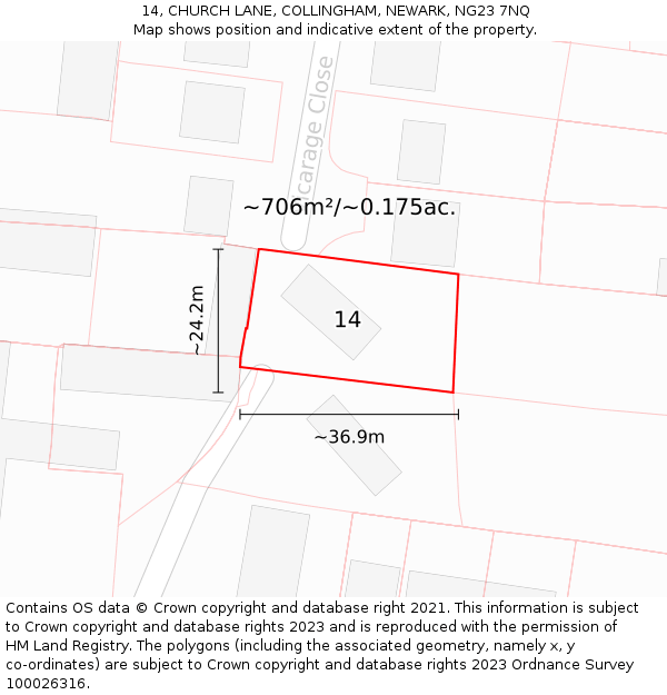 14, CHURCH LANE, COLLINGHAM, NEWARK, NG23 7NQ: Plot and title map