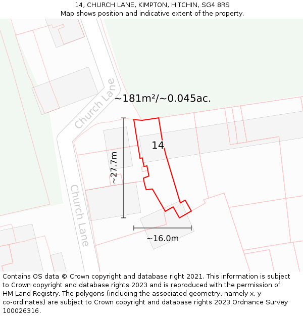 14, CHURCH LANE, KIMPTON, HITCHIN, SG4 8RS: Plot and title map