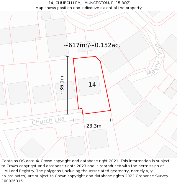 14, CHURCH LEA, LAUNCESTON, PL15 8QZ: Plot and title map