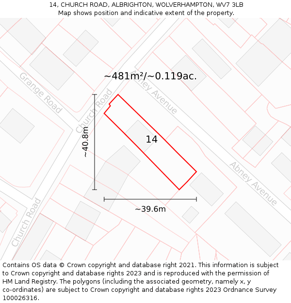 14, CHURCH ROAD, ALBRIGHTON, WOLVERHAMPTON, WV7 3LB: Plot and title map