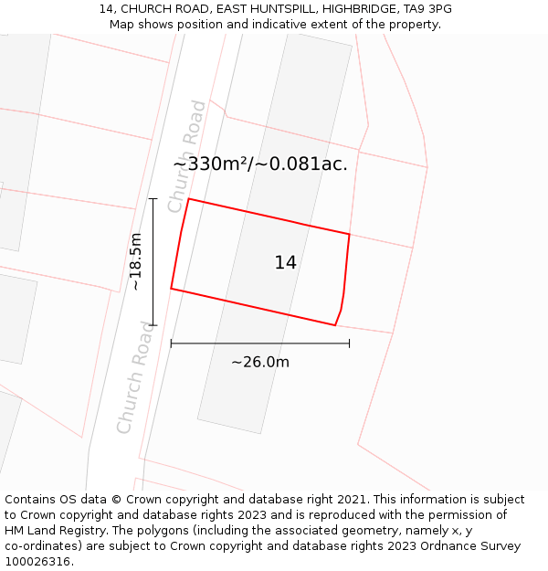 14, CHURCH ROAD, EAST HUNTSPILL, HIGHBRIDGE, TA9 3PG: Plot and title map