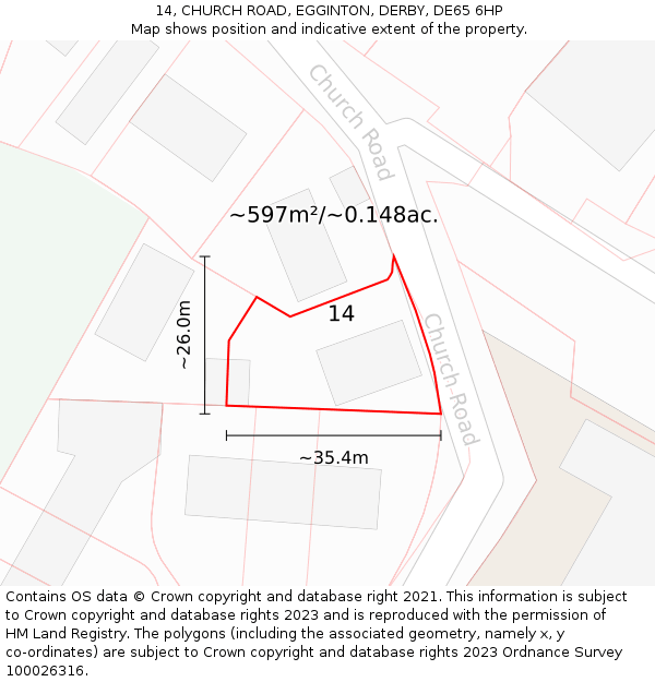 14, CHURCH ROAD, EGGINTON, DERBY, DE65 6HP: Plot and title map