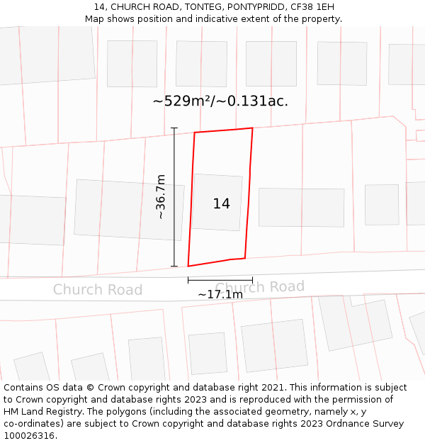 14, CHURCH ROAD, TONTEG, PONTYPRIDD, CF38 1EH: Plot and title map